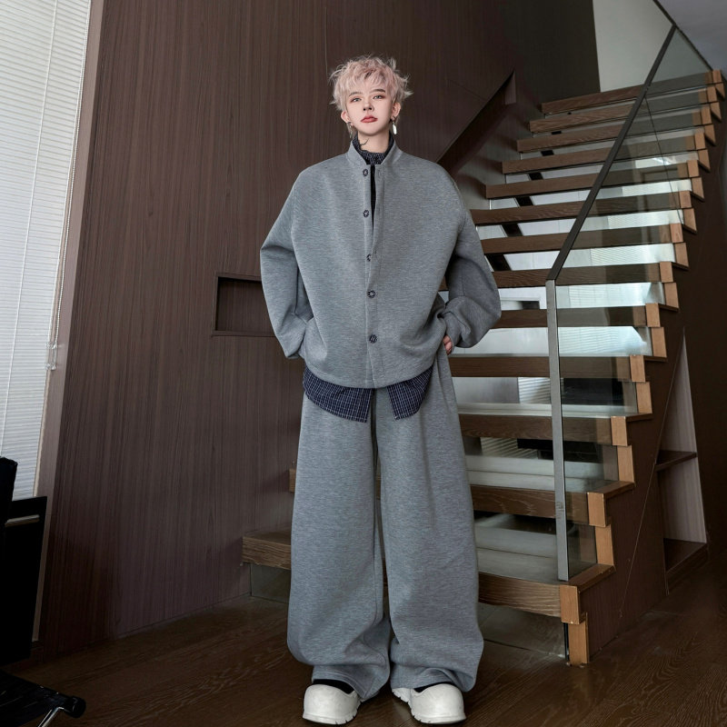 2026春装纯色立领格子拼接假两件卫衣套装男休闲穿搭阔腿长裤一套