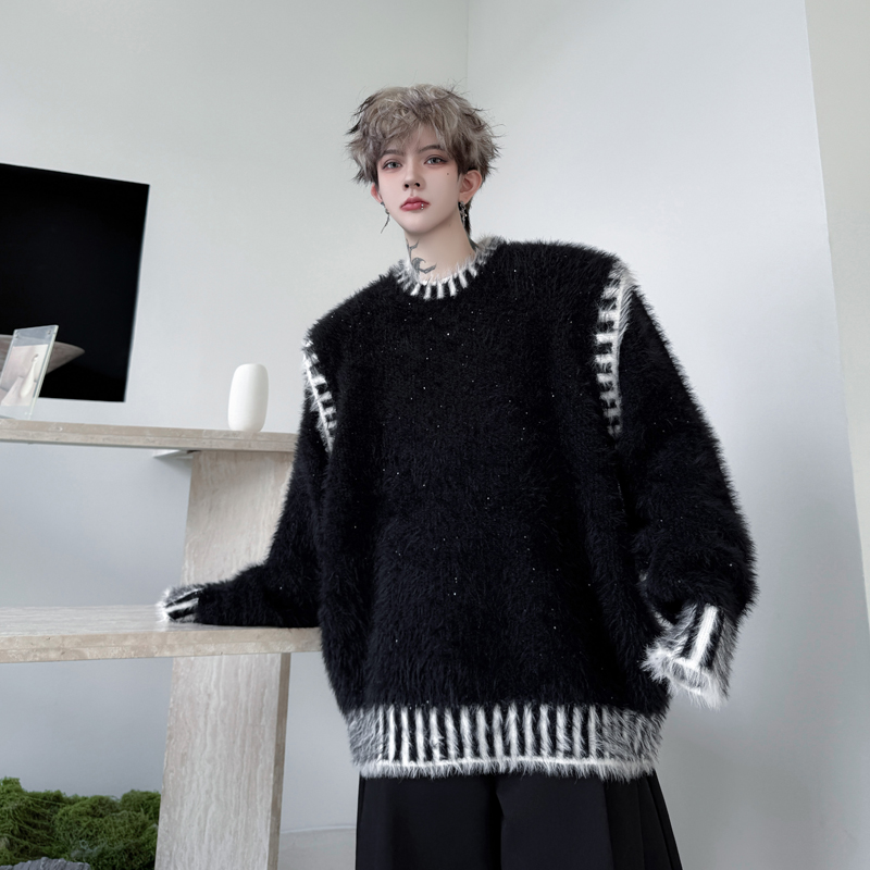 2025冬季撞色提花海马毛男士宽松针织衫套头设计感加厚保暖毛衣男