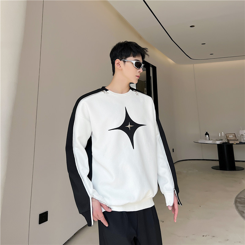틈새 지퍼 흑백 대비 디자인 캐주얼 운동복 남성용 하이 엔드 잘 생긴 탑 ??미래 지향적 인 트렌디 브랜드 헤어 스타일리스트