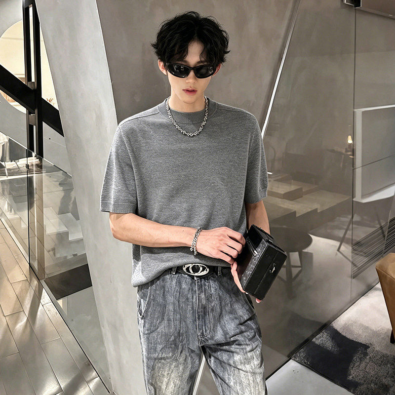 美式休闲针织短袖T恤男设计感极简轻熟风半袖修身正肩痞帅打底衫