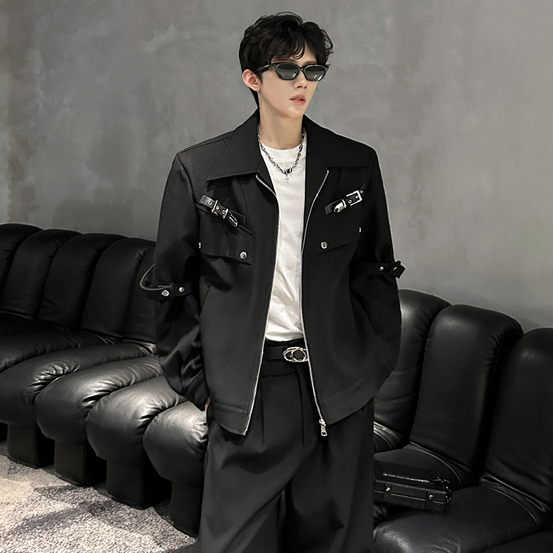 秋装暗黑解构小众金属扣设计感短款夹克外套男高级感痞帅机车服潮