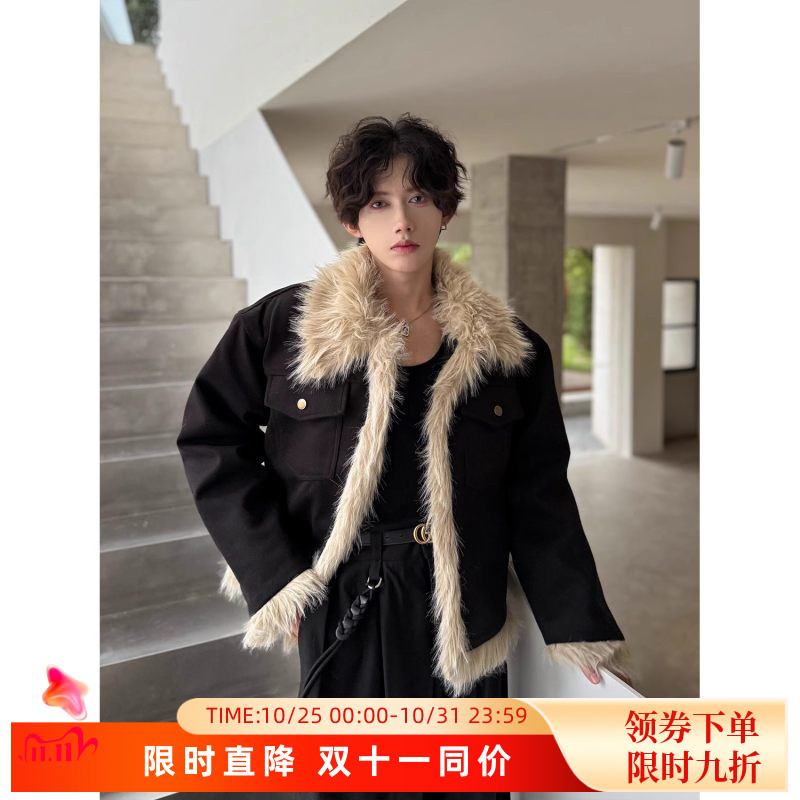 大毛领羊羔毛绒小香风外套男设计感韩版穿搭加绒加厚夹克棉服高级