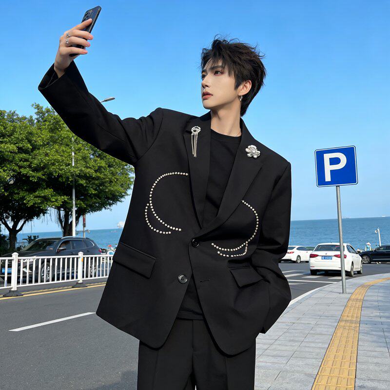 轻奢设计感流苏水钻铆钉垫肩西服外套男模高级感痞帅西装宽松正肩