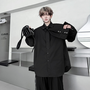 秋装暗黑禁欲系领带装饰设计长袖衬衫男垫肩高级感痞帅男模衬衣潮