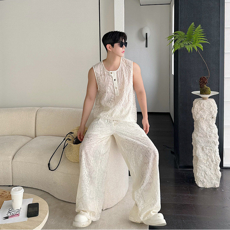 24SS 여름 코튼 자수 혼합 마이크로 투명 조끼 조끼 탑 세트 얇은 중공 와이드 레그 팬츠 투피스 세트