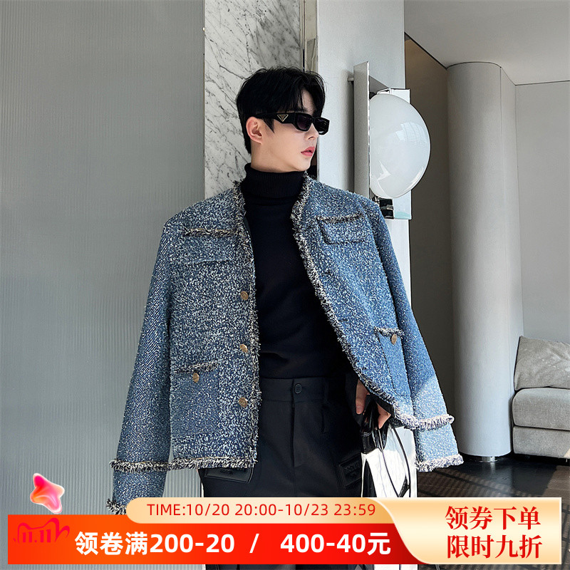 设计师款重磅水洗杂花牛仔廓形小香风外套男痞帅高级感粗花呢夹克