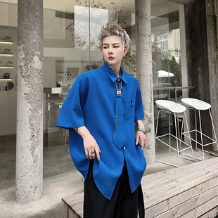 夏装禁欲系小众可拆卸领带宽松短袖衬衫男痞帅设计感高级感衬衣潮