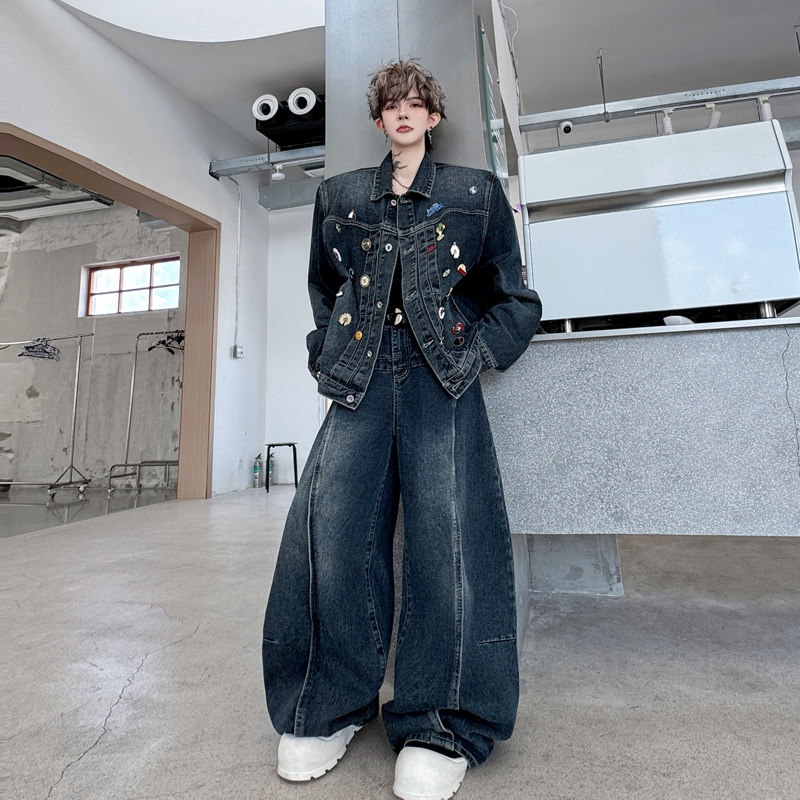 小众重工复古刺绣贴标装饰牛仔夹克外套高级感阔腿弯刀裤两件套潮,男装,时尚套装,淘宝优惠券,粉丝福利购,淘宝优惠卷