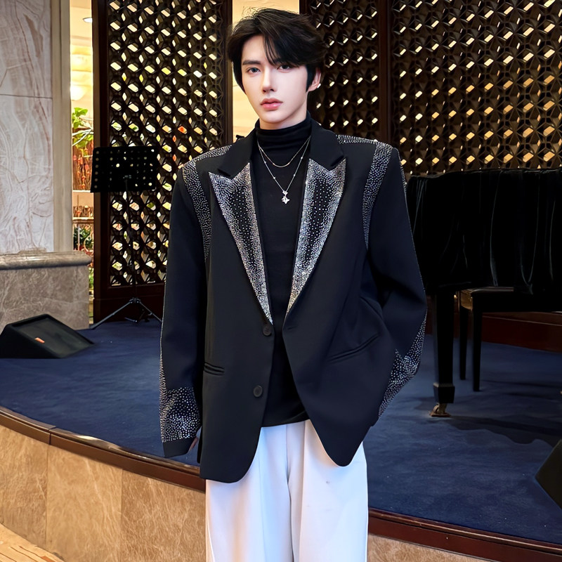 秋装重工烫钻小众设计西装外套男模穿搭上衣高级痞帅垫肩时尚西服