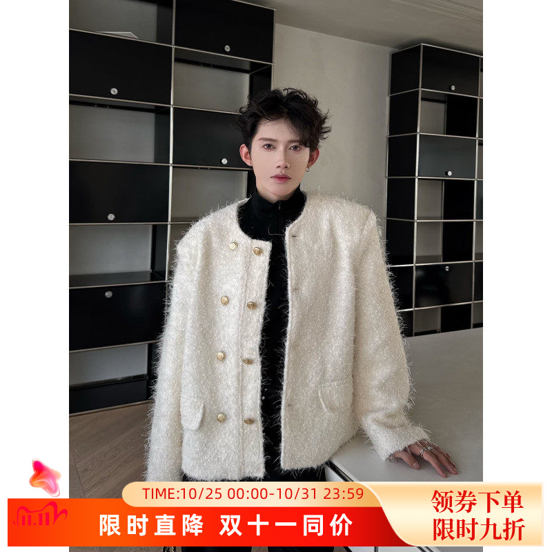 秋装呢子小香风短外套男休闲高级感男模穿搭廓形无领垫肩上衣夹克