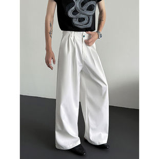 夏季高级感阔腿西装裤男宝石装饰褶皱腰宽松直筒坠垂拖地长裤百搭