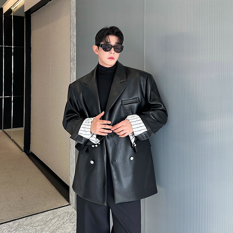 小众韩版设计师款冷淡风双排扣廓形皮衣西装外套男高级感痞帅垫肩