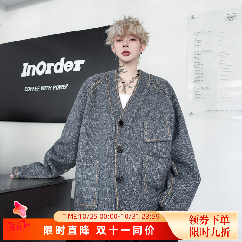 2025冬季老钱风复古V领针织开衫外套男多袋异色明线加厚毛衣宽松