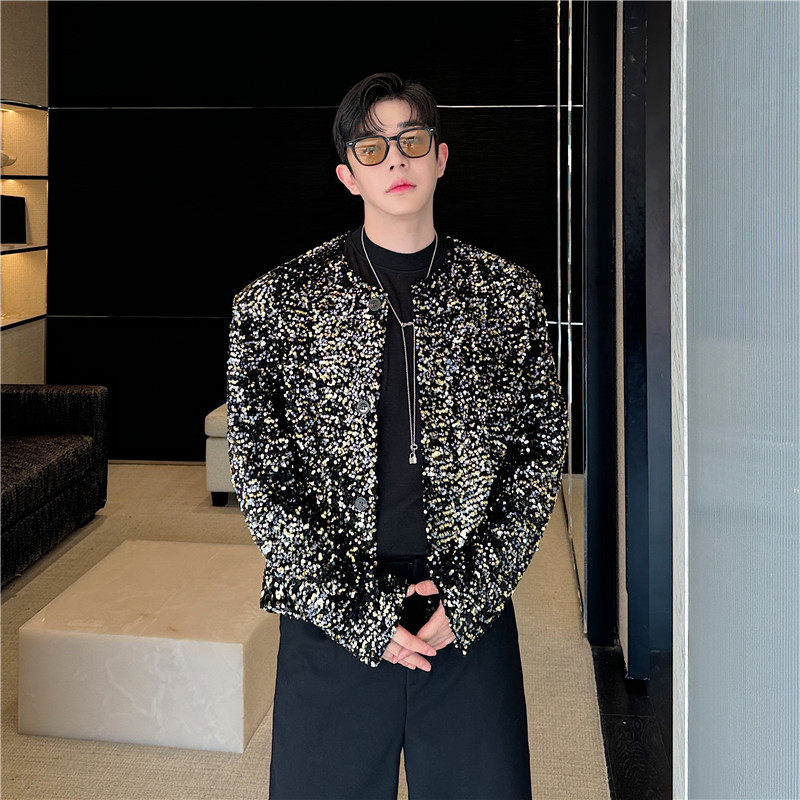 秋装时髦亮片设计感短款无领小夹克男外套炸街痞帅高级感演出舞台