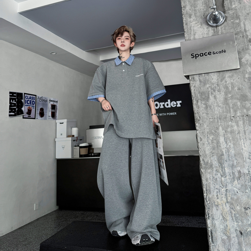 休闲假两件拼格子POLO领短袖T恤套装男宽松运动阔腿弯刀长裤夏季