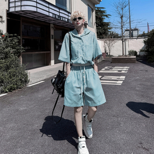 夏季韩国chic条纹连帽短袖衬衫套装男休闲慵懒风沙滩短裤两件套潮