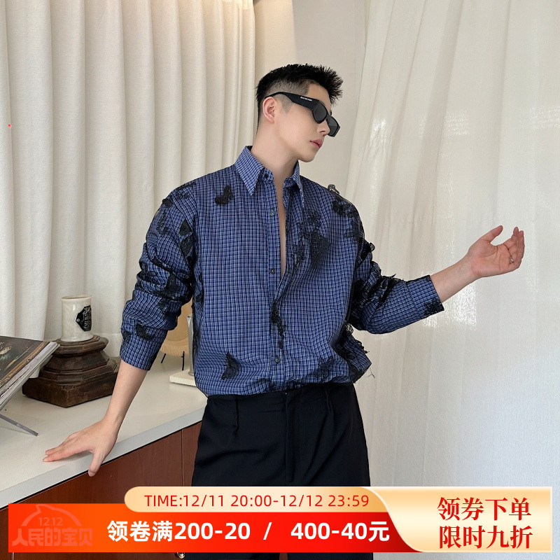 春夏复古小众蝴蝶蕾丝拼接格子长袖衬衫男设计感网纱高级痞帅衬衣