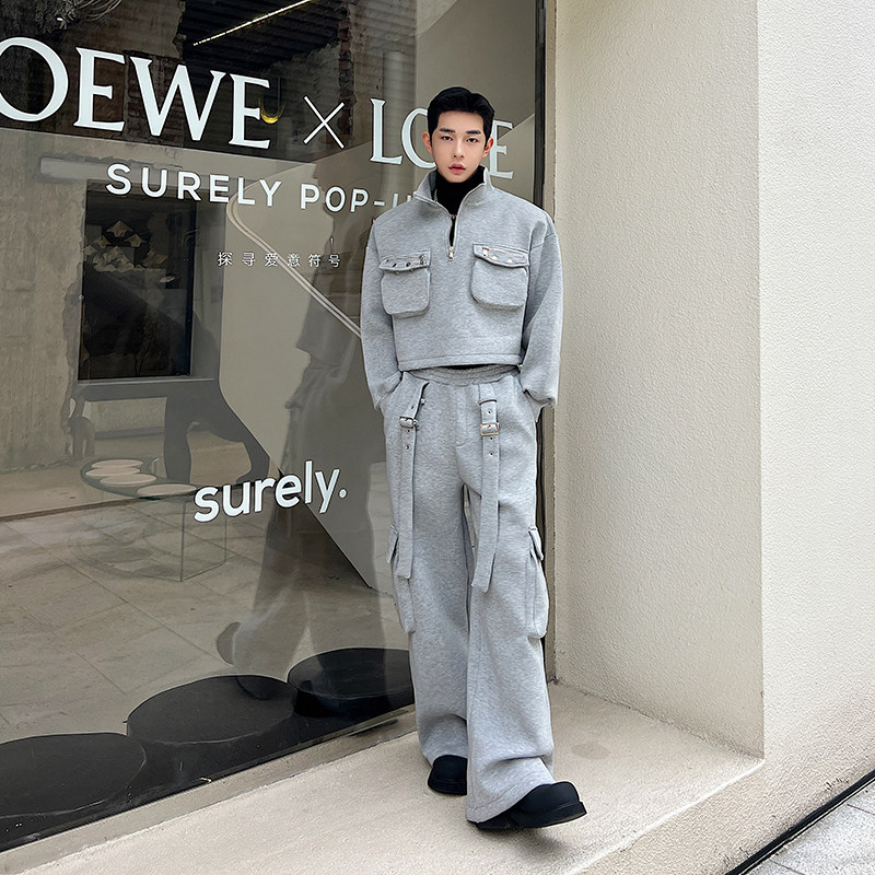 가을 겨울 입체 포켓 반지퍼 공기층 스탠드 칼라 짧은 스웨트 셔츠 남성 정장 캐주얼 와이드 팬츠 투피스 세트