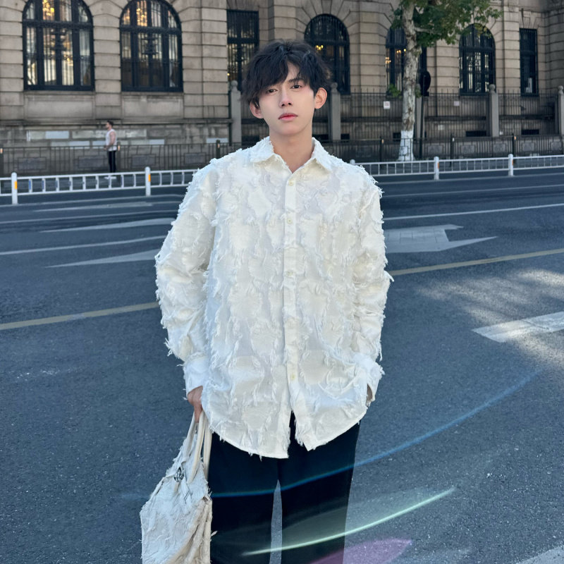 春装网红薄款chic气质高级感毛边羽毛长袖衬衫男韩版痞帅小众衬衣