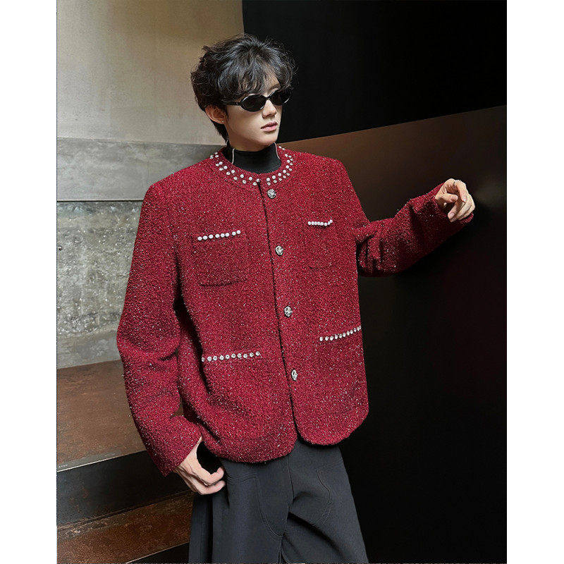珍珠亮丝酒红色小香风毛呢外套男轻奢高级感痞帅男模短款西装夹克