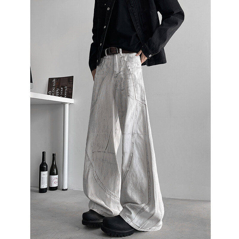 春装美式高街潮牌做旧脏脏牛仔裤男cleanfit宽松阔腿长裤子工装潮