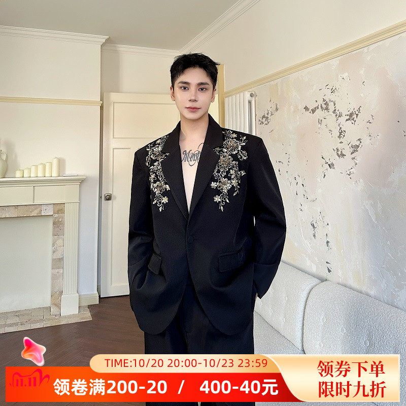秋季高级感轻奢立体绣花重工亮片休闲西服外套男痞帅演出西装潮流
