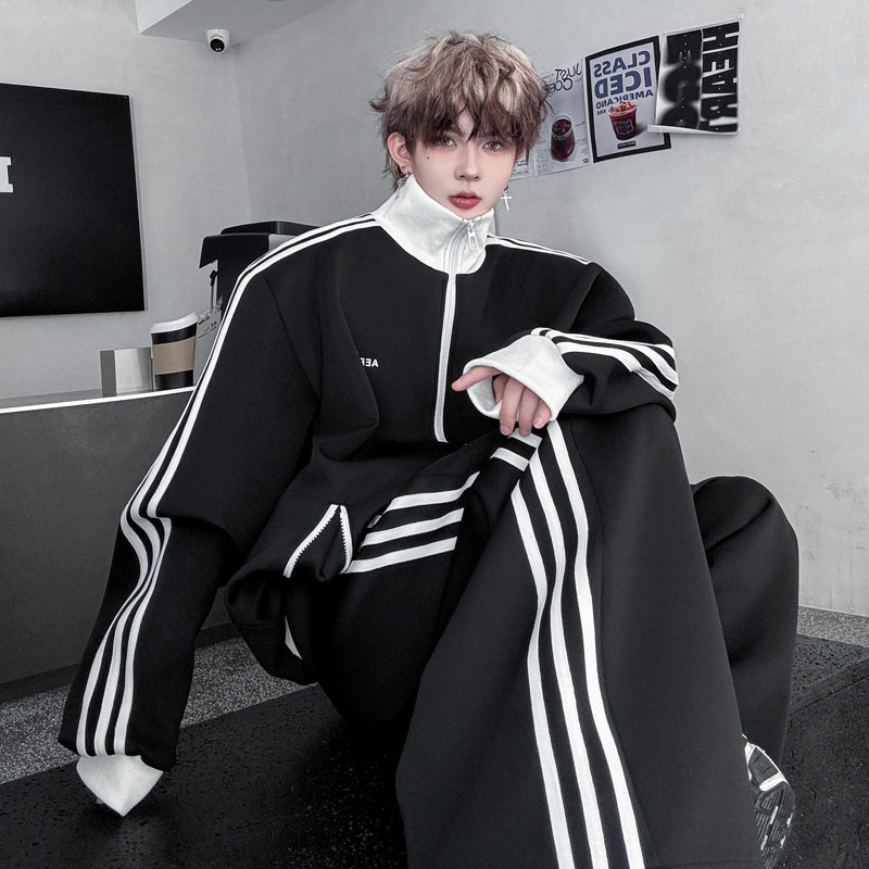 美式cleanfit撞色条纹三条杠立领夹克套装男休闲运动阔腿裤两件套,男装,休闲运动套装,淘宝优惠券,粉丝福利购,淘宝优惠卷