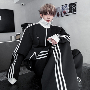 美式cleanfit撞色条纹三条杠立领夹克套装男休闲运动阔腿裤两件套