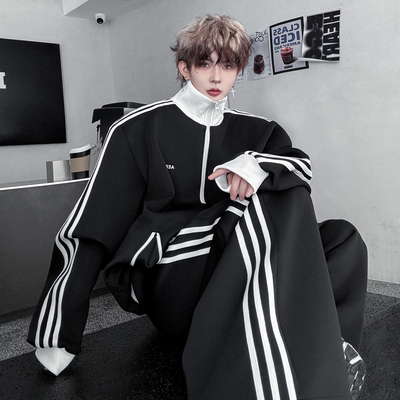 美式cleanfit撞色条纹三条杠立领夹克套装男休闲运动阔腿裤两件套