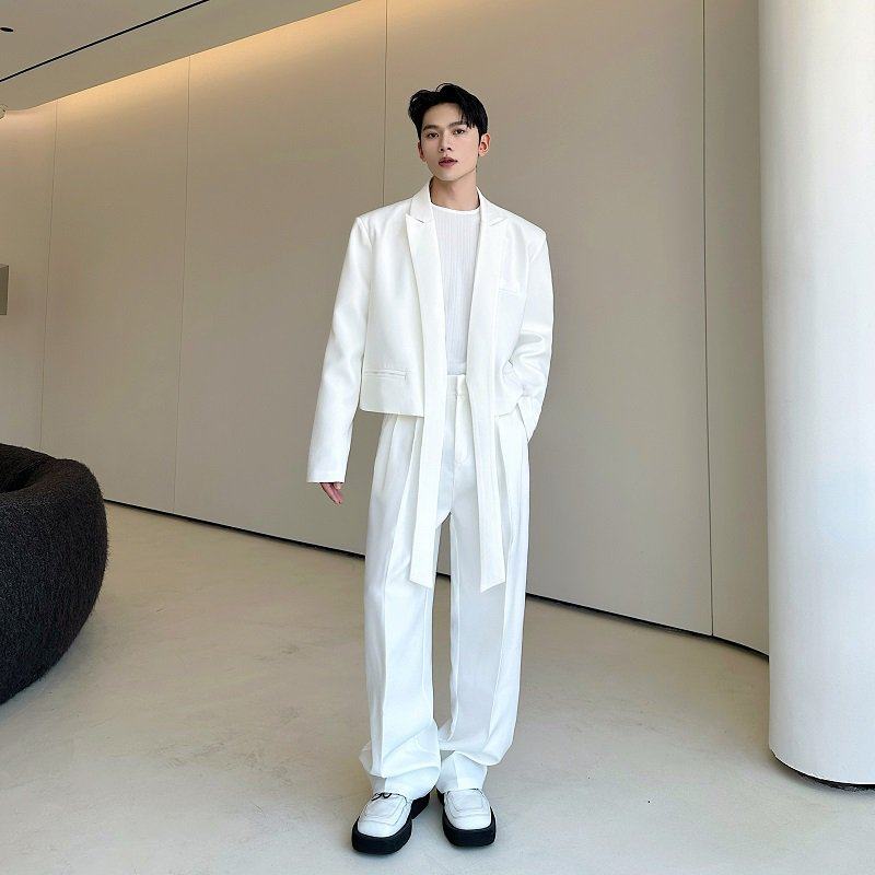 秋装韩国飘带设计感简约短款西装外套男时尚网红直筒西裤两件套潮