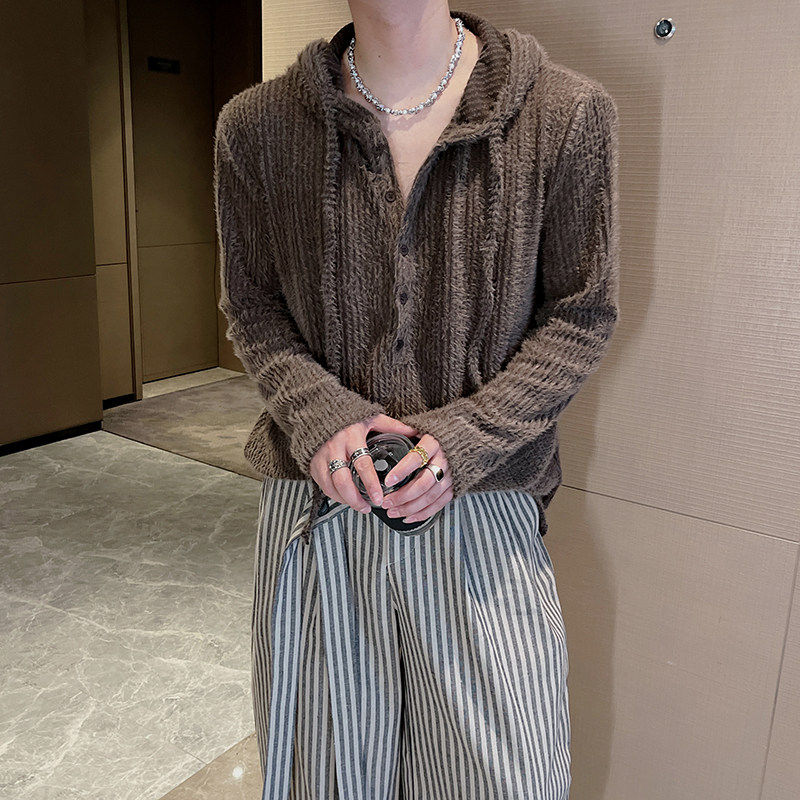 雅痞咖啡色软糯垂感针织连帽衫男秋季内搭毛毛T恤慵懒风打底毛衣