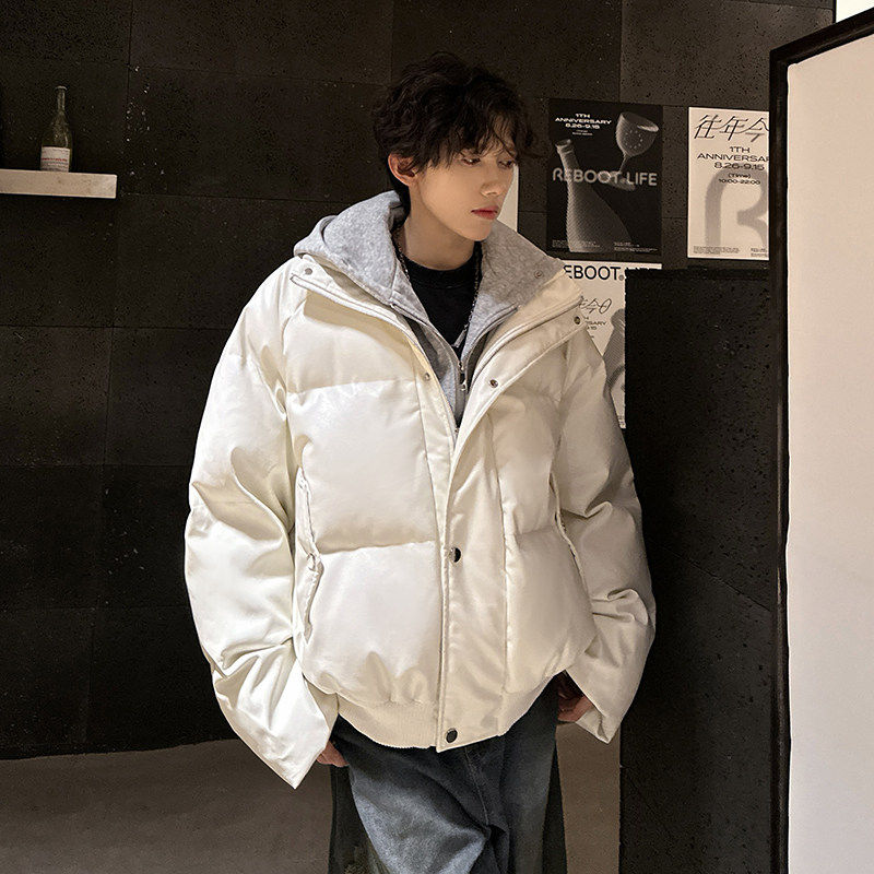 冬装美式高街卫衣连帽设计拼接假两件pu皮棉服外套男加厚棉衣棉袄