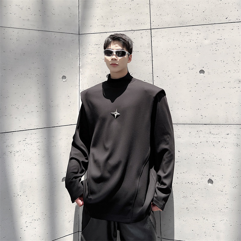 暗黑小众高级感垫肩半高领卫衣男纯色潮牌设计感上衣痞帅打底衫秋
