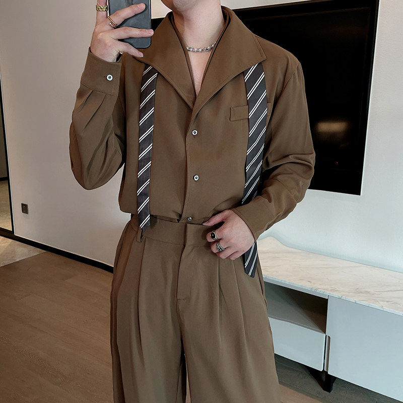 原创双领假两件设计感衬衫套装男复古轻熟风高级感痞帅老钱风西裤