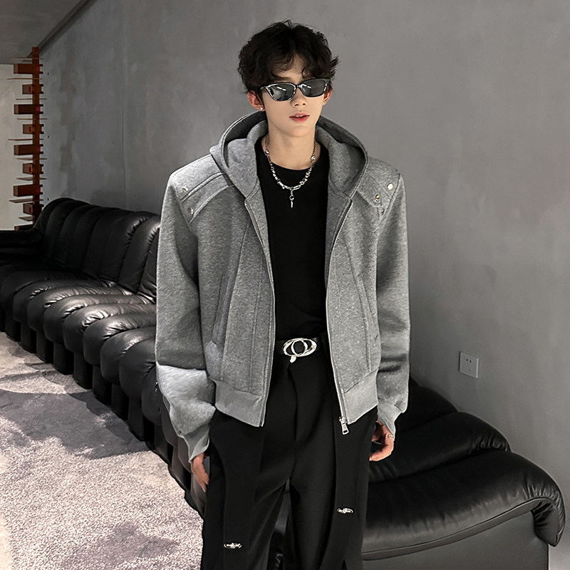 秋季美式解构垫肩连帽开衫卫衣外套男运动休闲拉链重磅短夹克帽衫