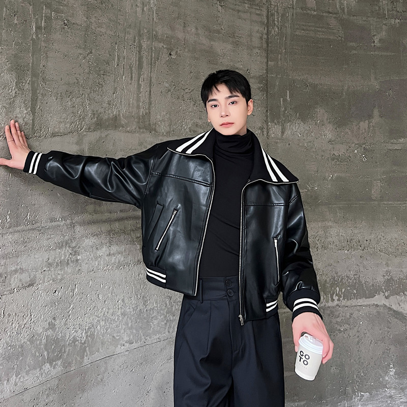 秋冬韩版大翻领廓形夹克男复古高级感PU皮短皮衣外套痞帅机车上衣