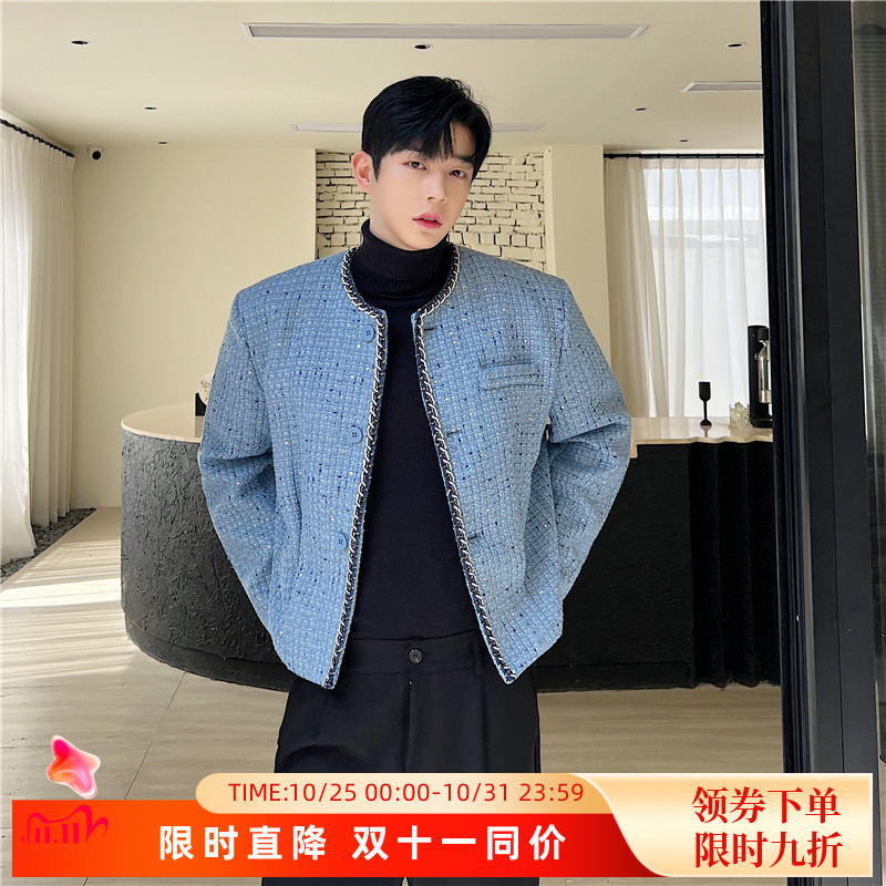 秋季气质时尚花色亮片小香风无领外套男韩版短款开衫夹克高级感潮