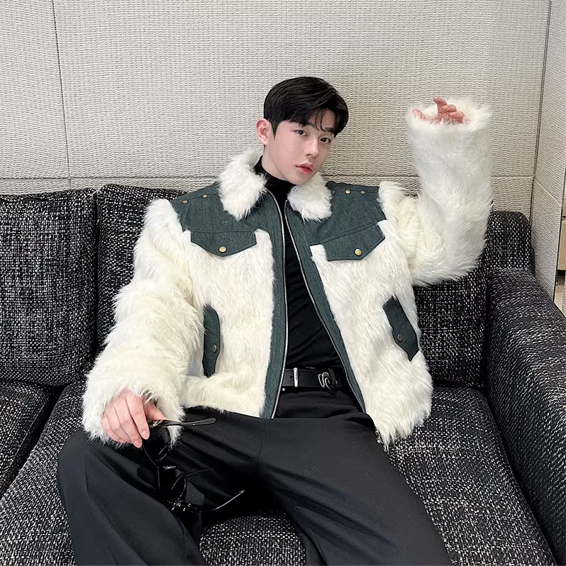冬装小众复古廓形仿貂毛水洗牛仔拼接棉衣男加厚保暖毛绒绒外套潮