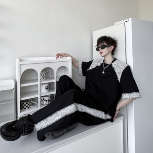 痞帅炸街织带长裤 男韩版 两件套 高级感编织拼接小香风T恤套装 夏装