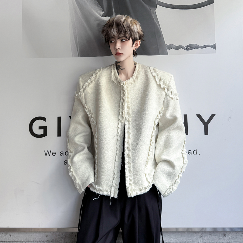 小香风木耳花边装饰毛边设计感廓形短款西服男高级感开衫无领西装