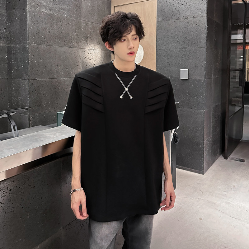 美式黑色cleanfit重磅纯棉t恤衫垫肩上衣小众结构设计感痞帅短袖