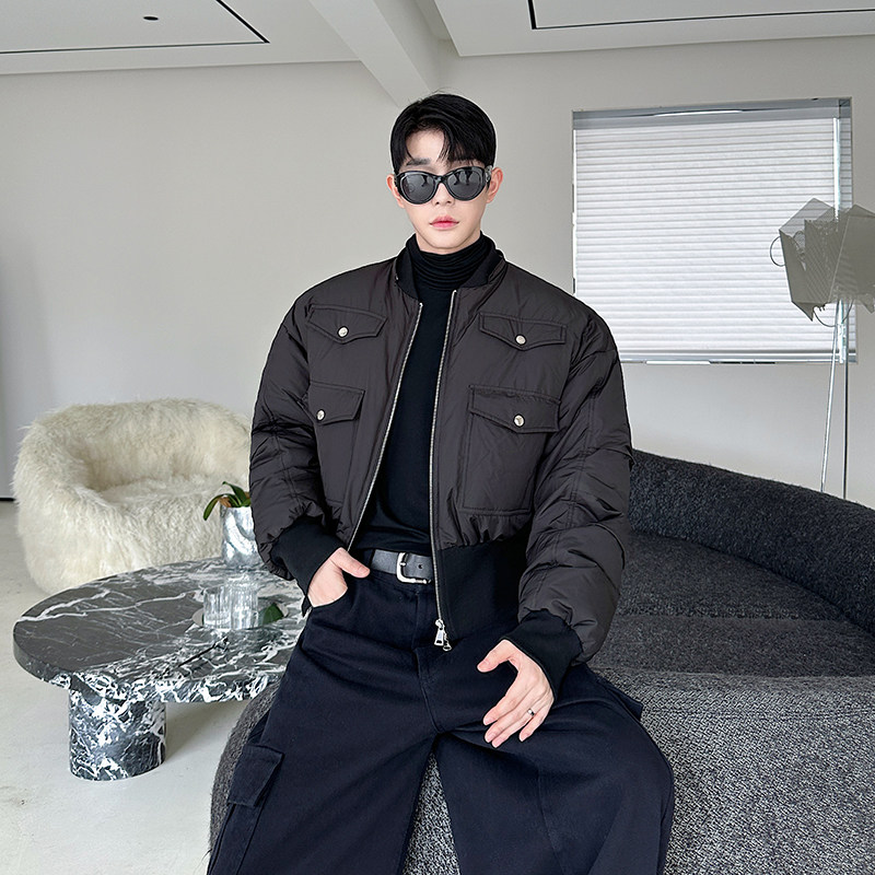 冬季加厚保暖小众机车短款可拆卸带帽羽绒服男cleanfit面包服外套