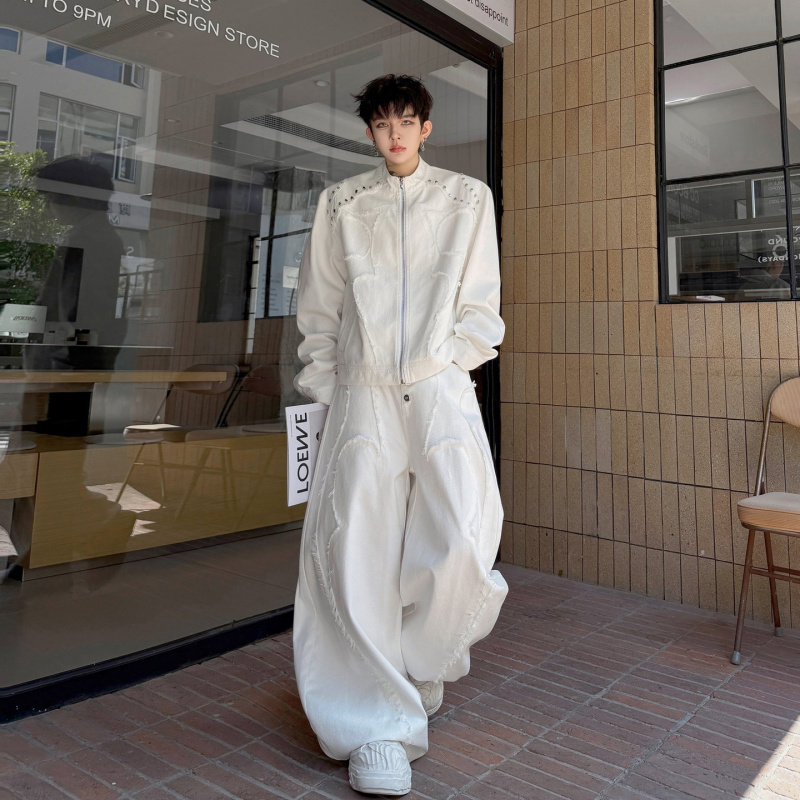 2026秋装毛边铆钉装饰牛仔夹克套装男美式设计弯刀长裤痞帅两件套