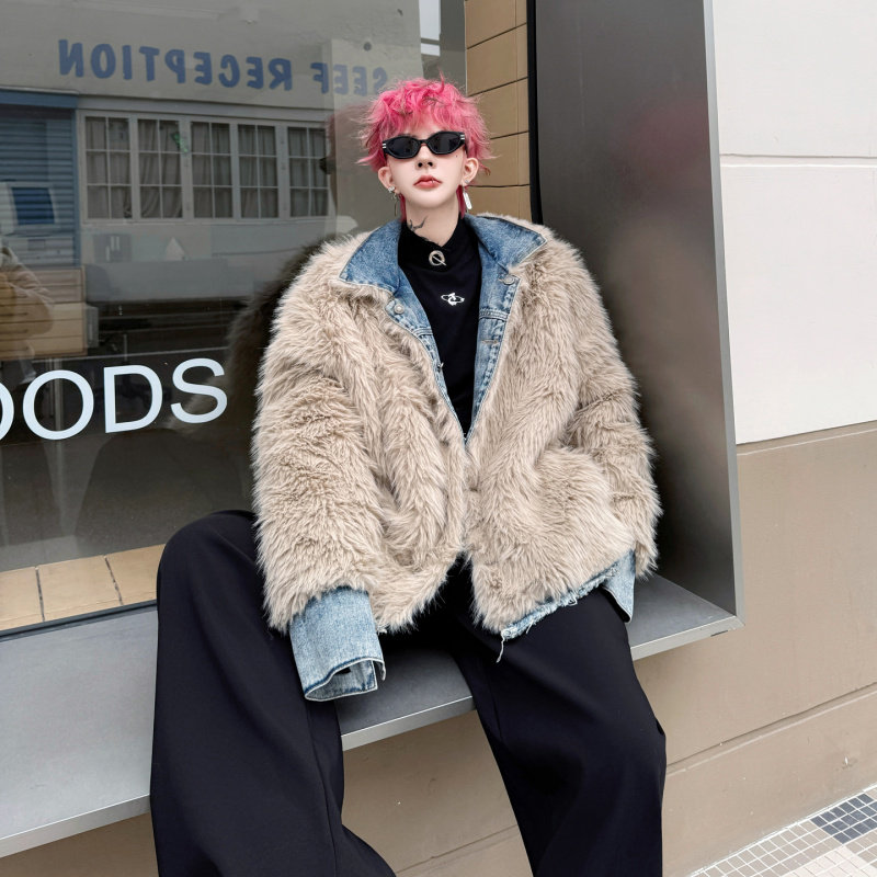 两面穿老钱时尚牛仔羊羔毛拼接外套男冬季美式复古羊羔绒加厚棉衣