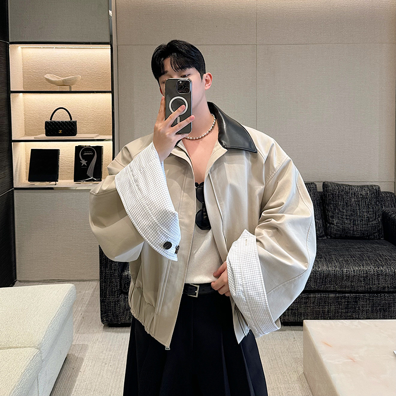 2025早春设计感纯棉皮领拼接撞色格纹廓形翻袖夹克外套男大袖高级
