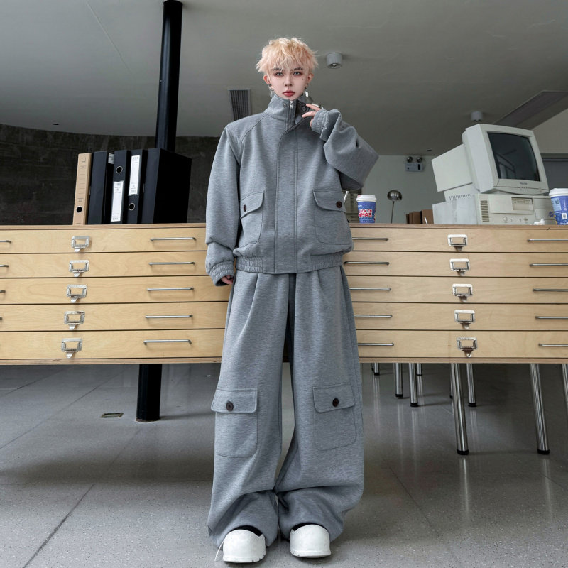 春季美式高街PU皮拼接口袋重磅开衫卫衣套装男设计感工装阔腿卫裤,男装,时尚套装,淘宝优惠券,粉丝福利购,淘宝优惠卷