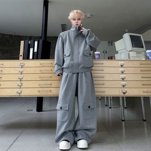 春季美式高街PU皮拼接口袋重磅开衫卫衣套装男设计感工装阔腿卫裤