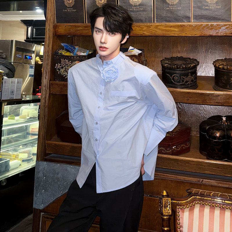 法式蓝色衬衫长袖垫肩小众立体花朵设计感男模穿搭上衣网红打底衫