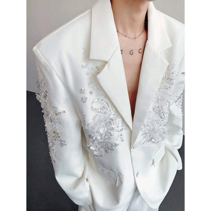 秋季重工立体亮片刺绣设计感垫肩西装外套男高级感气质礼服白西服
