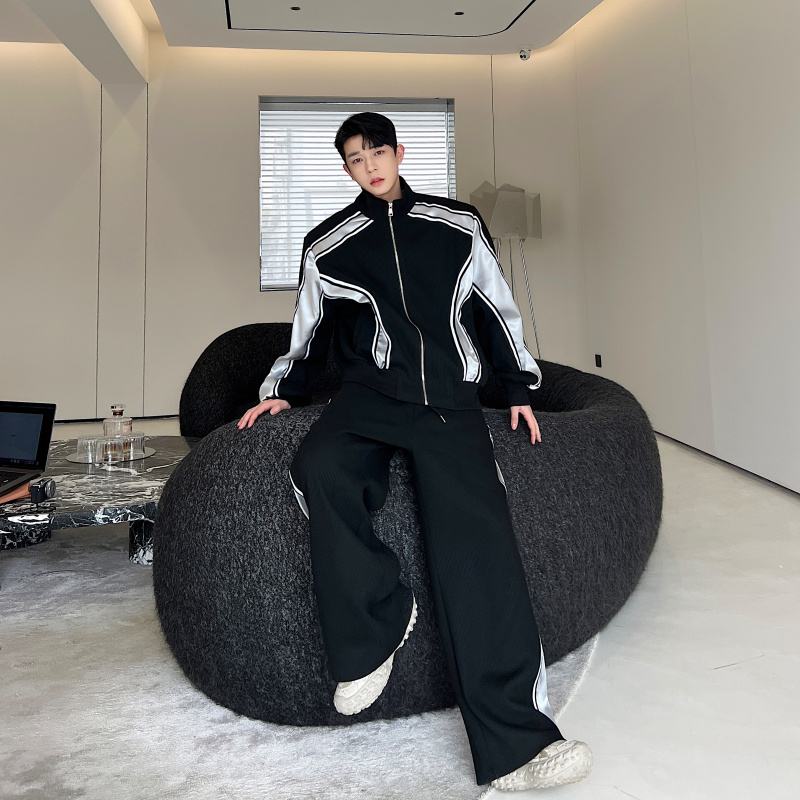 小众拼接撞色条纹休闲套装男卫衣